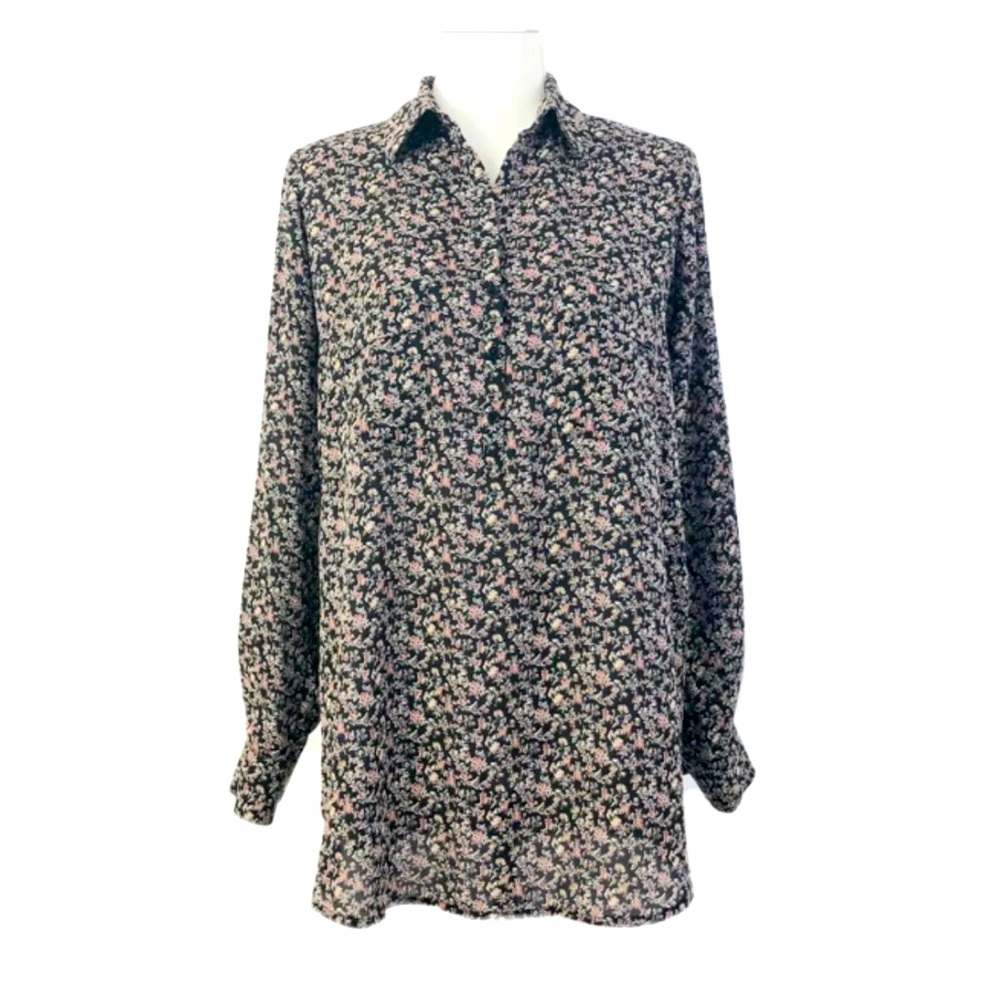 Pleione Floral Top Long Sleeves Collared Black Gray Sz S